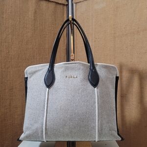 Furla Grey Canvas with Black Leather Structured Versatile and Spacious Tote Bag.